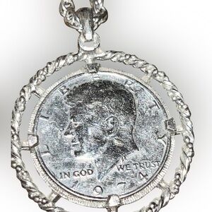 Vintage John F Kennedy 1974 Half Dollar Pendant Necklace Signed Revere Mfg